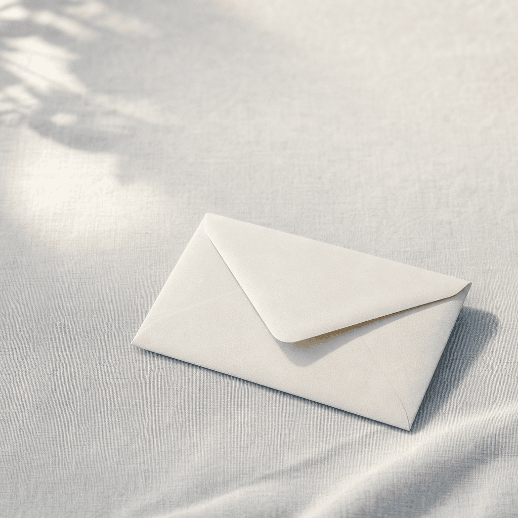 A plain envelope resting on pale linen in morning light